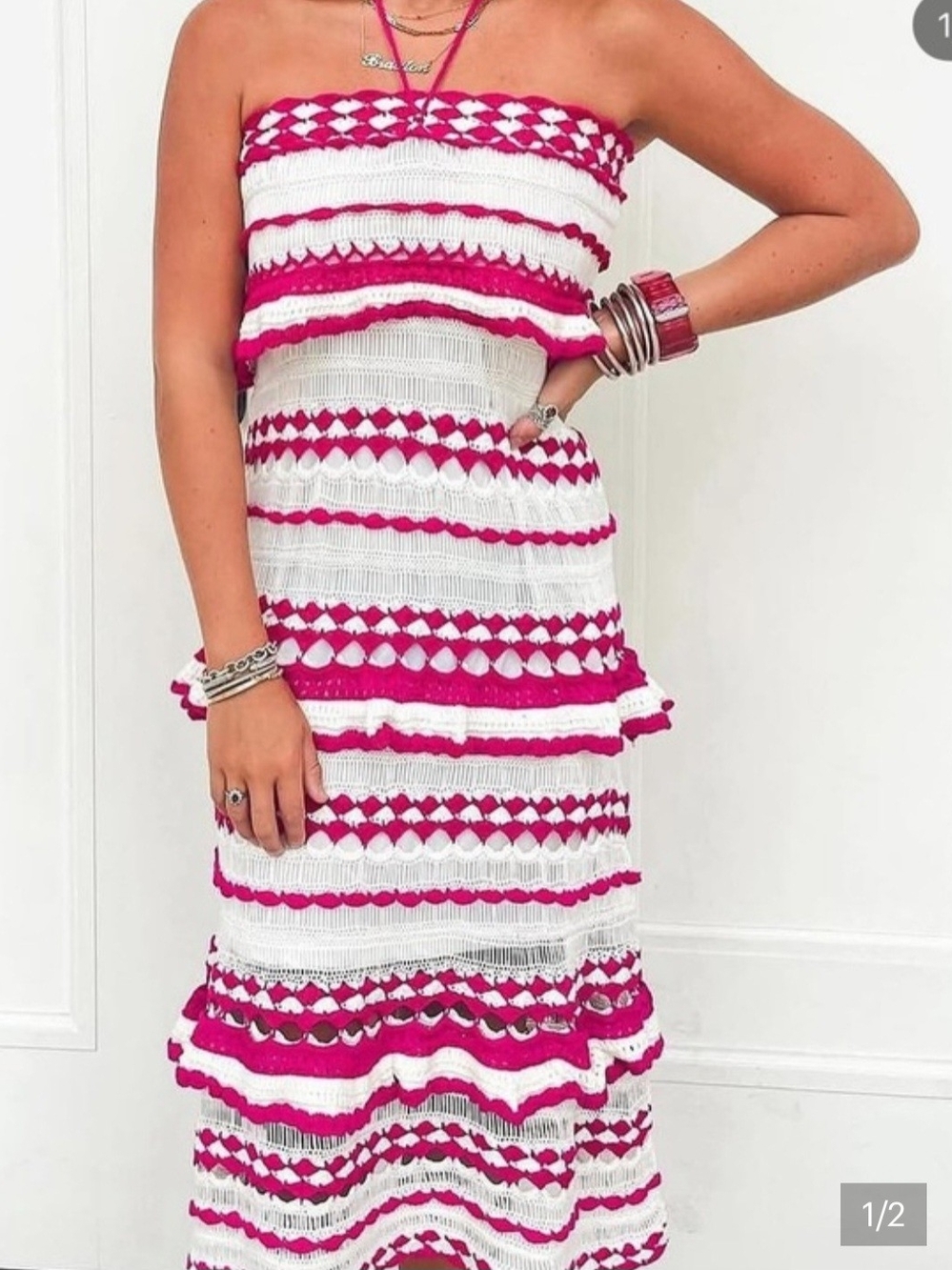 Fate Strapless White & Fuchsia Crochet Maxi Dress